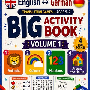 Könnte beinhalten: Ein großes Word Jelly Englisch-Deutsch Übersetzungs-Aktivitätenbuch für 5- bis 7-Jährige, Band 1. Das Cover zeigt vier Themen: Tiere, Farben, Zahlen und rund ums Haus, mit Wortzuordnungsspielen, einem Wortsuchrätsel und einer Katze zum Ausmalen.