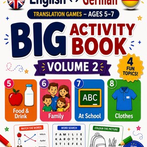 May include: A white English to German translation activity book titled Word Jelly Big Activity Book Volume 2 for ages 5-7. The cover features colourful illustrations of food, a family, a chalkboard with ABC, and a blue polo shirt with four fun topics.