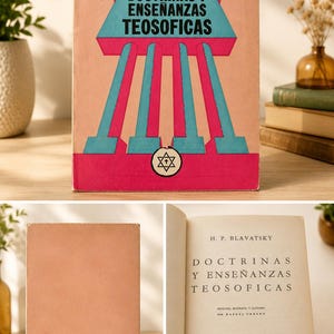 May include: A book titled Doctrinas y Enseñanzas Teosoficas by H. P. Blavatsky with a pink cover featuring a blue and magenta geometric illustration of pillars and a star symbol. The book is shown from the front, back, and the title page.