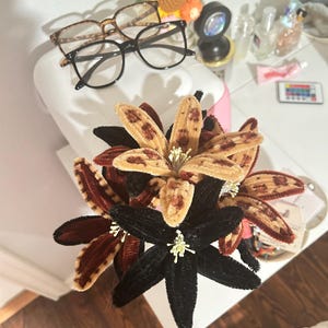 May include: A bouquet of handcrafted pipe cleaner flowers featuring a mix of solid black, solid dark brown, and tan petals with brown leopard-like spots. Each flower has a central cluster of small, light-colored stamens extending from the center.