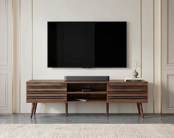 Modern Wooden Fluted TV Stand Console for 70 Inch TV with Storage Cabinets