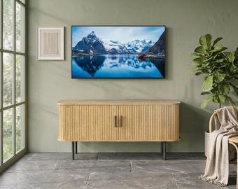Unique Wooden Fluted TV Stand with Cabinets and Sliding Door for Living Room