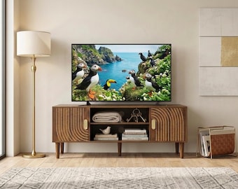 Modern Fluted Wooden TV Stand with Storage and Adjustable Shelves for Living Room