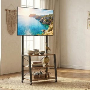 May include: A mobile television stand featuring a black metal frame with X-shaped side supports and three wooden shelves. The unit includes a tall vertical mount for a flat-screen television and four caster wheels at the base for mobility.
