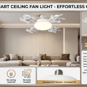 May include: A white 2-in-1 smart ceiling fan light with four small fan blades surrounding a central circular light. Includes a remote control with buttons for power, light, and wind settings, and a standard E27 screw-in base for easy installation.