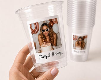 Personalizowane kubki na imprezę ze zdjęciem, przezroczyste kubki plastikowe o pojemności 16 uncji, niestandardowy projekt Polaroid, upominki urodzinowe