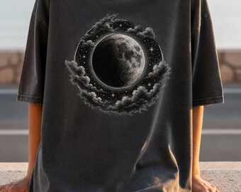 Vintage Celestial Moon T-Shirt, Engraved Night Sky Graphic Tee, Mystical Lunar Shirt