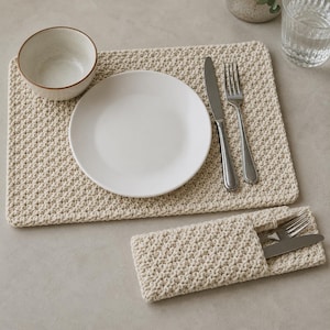 May include: A rectangular cream-colored crocheted placemat featuring a textured stitch pattern. The placemat holds a white ceramic bowl, a white plate, a stainless steel knife, and a fork. A matching crocheted cutlery pouch holds a fork and knife.