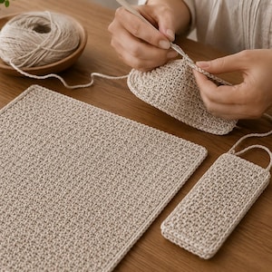 May include: A beige crochet project in progress with a light-colored hook, a ball of yarn in a wooden bowl, a finished square crochet piece, and a small rectangular crochet item, all featuring a consistent textured stitch pattern throughout.