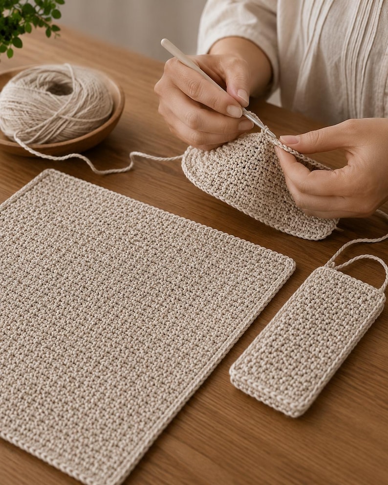 May include: A beige crochet project in progress with a light-colored hook, a ball of yarn in a wooden bowl, a finished square crochet piece, and a small rectangular crochet item, all featuring a consistent textured stitch pattern throughout.