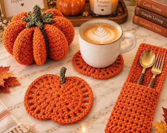 Crochet Pumpkin Coaster Set Pattern, 8 Coasters Become One 3D Pumpkin, Spoon Fork Holder Pattern, Fall Kitchen Decor PDF