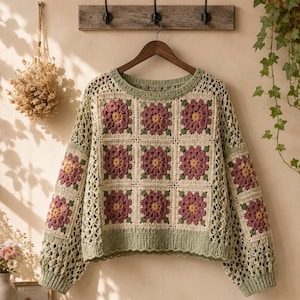Könnte beinhalten: Ein langärmeliger Häkelpullover mit einem Gitter aus quadratischen Motiven mit dunkelrosa und gelben Blumenmustern. Das Kleidungsstück ist aus cremefarbenem Garn gefertigt und mit salbeigrünen Abschlüssen an Halsausschnitt, Ärmelbündchen und Saum versehen.