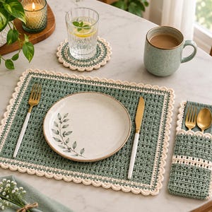Op de afbeelding: Een rechthoekige saliegroene gehaakte placemat met een crèmekleurige schulprand, een bijpassende ronde onderzetter en een verticale bestekhouder. De set heeft een gestructureerd ruitpatroon en een keramieken bord met een bladmotief.