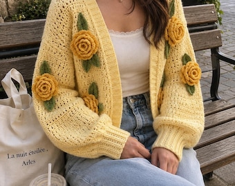 Butter Yellow Crochet Cardigan, 3D Rose Knit Bolero, Floral Cottagecore Sweater, Handmade Cotton Cardigan, Aesthetic Gift for Her