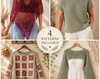 4 Crochet Patterns Bundle PDF | Mesh Poncho, Summer Shirt, Granny Square Sweater & Bell Sleeve Shrug