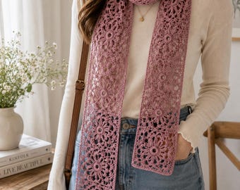 Crochet Scarf Pattern PDF | Flower Lace Skinny Scarf | Easy Crochet Scarf Pattern | Video Tutorial | Digital Download