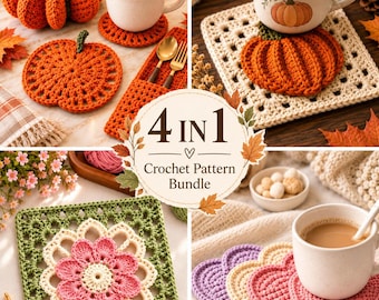 4 Crochet Pattern Bundle PDF | Pumpkin Coaster, Granny Squares & Heart | Beginner Friendly | Instant Download