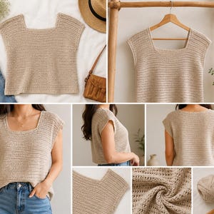 May include: A beige crochet top featuring a square neckline, short cap sleeves, and a textured knit pattern. The garment is constructed from a light tan yarn, showcasing a consistent stitch throughout the body, shoulders, and hemline of the piece.