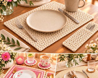 Crochet Placemat Pattern Bundle PDF | Linen Stitch, Oval Table Mat & Coaster | Easy Beginner Crochet