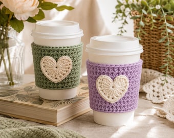 Heart Coffee Cup Sleeve Crochet Pattern PDF, Cute Reusable Mug Cozy, Beginner Friendly Quick DIY Gift for Coffee Lovers