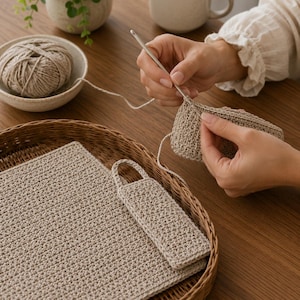May include: A beige crocheted rectangular piece with a small matching tab handle, being worked on with a silver crochet hook. A ball of beige yarn sits in a small bowl, and a finished matching crocheted piece rests on a round woven tray.