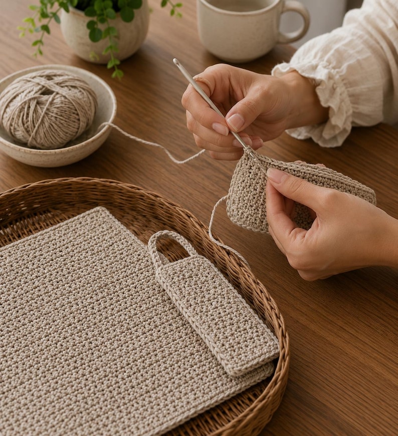 May include: A beige crocheted rectangular piece with a small matching tab handle, being worked on with a silver crochet hook. A ball of beige yarn sits in a small bowl, and a finished matching crocheted piece rests on a round woven tray.