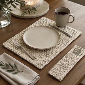 Puede incluir: Un mantel individual rectangular de ganchillo color crema y un portacubiertos rectangular de ganchillo a juego. El conjunto incluye un plato redondo de cerámica, un tenedor de acero inoxidable, un cuchillo de acero inoxidable y una taza.