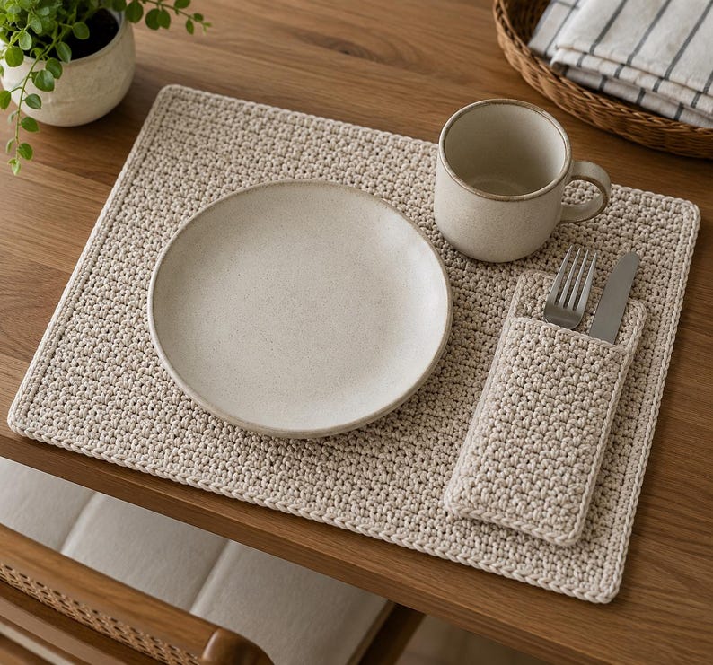 May include: A rectangular beige crochet placemat with a matching pocket for cutlery. The set includes a round off-white ceramic plate, a matching ceramic mug, a silver fork, and a silver knife. The items are arranged on a wooden surface.