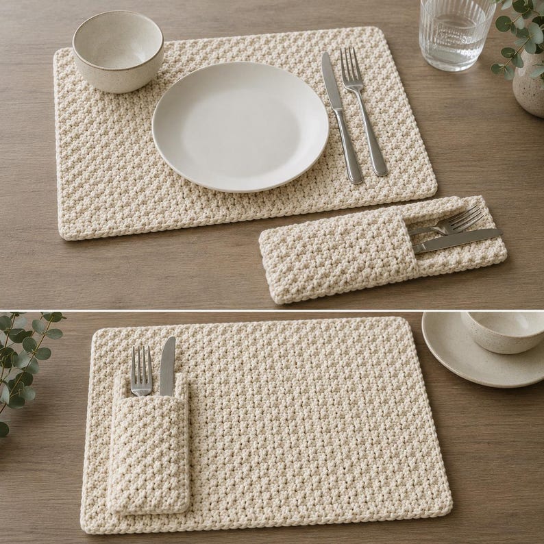 May include: A rectangular cream-colored crocheted placemat with a textured stitch pattern. The set includes a matching rectangular utensil holder pocket featuring the same crocheted design, shown holding a silver fork and a silver knife.