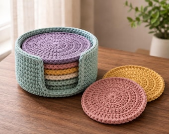 Crochet Coaster & Holder Pattern | Round Coasters with U-Channel Caddy | Classic Crochet Coaster Set | Beginner PDF Pattern