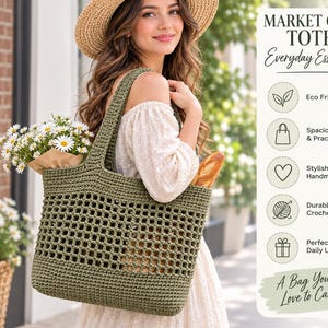 May include: An olive green crochet tote bag featuring a grid pattern on the lower section and solid stitching on the base and top. The bag includes two shoulder straps and contains a bouquet of white daisies and a baguette inside the main compartment.