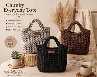 Chunky Crochet Tote Bag Pattern PDF | Modern Minimalist Market Bag | Large & Small Sizes | Beginner Friendly | Instant Download