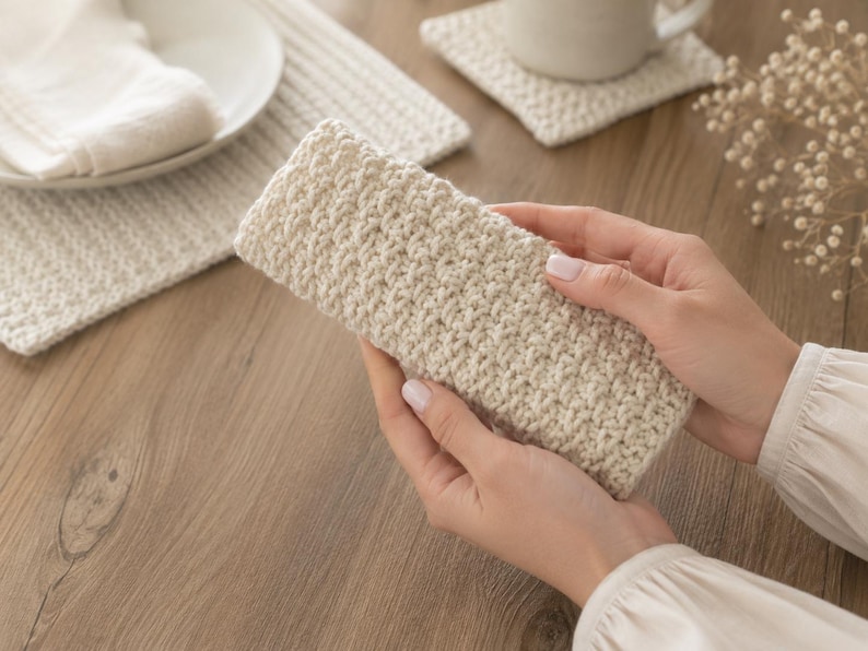 May include: A rectangular, cream-colored crochet sleeve featuring a dense, textured stitch pattern. The item is constructed from yarn and has a uniform, woven appearance throughout its surface, showcasing a consistent handmade construction style.