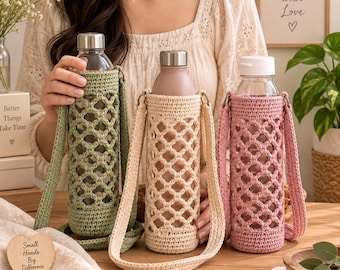 Crochet Water Bottle Holder Pattern PDF Mesh Net Bag Carrier Beginner Friendly Reusable Bottle Sling Yoga Gym Eco Friendly Handmade Gift