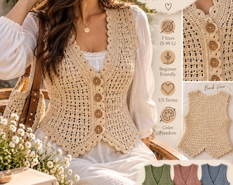 Crochet Vest Pattern PDF, Women’s Crochet Top, Button Front Vest, Boho Summer Pattern, Instant Download, US Terms
