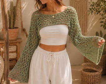 Crochet Mesh Sleeve Sweater PDF Pattern | Boho Bell Sleeve Shrug Crochet Top | Beginner Friendly Festival Cover Up | Mesh Bolero Pattern