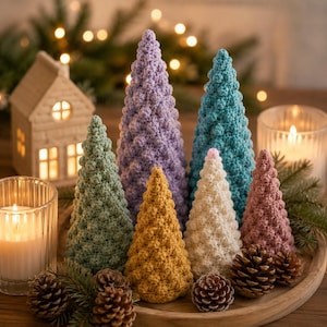May include: A collection of six cone-shaped trees made of textured crochet yarn in shades of lavender, teal, sage green, mustard yellow, cream, and dusty rose, arranged on a wooden tray with several brown pinecones.