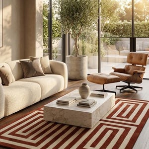 Wool Area Rug, Custom Rug, Geometric Maze Rug, Burgundy Cream Rug, Modern Living Room Rug, Hand Tufted Wool Carpet