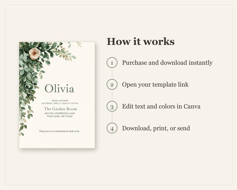 Invito per addio al nubilato color verde salvia / Modello Canva modificabile / Invito con decorazioni di eucalipto / Download immediato immagine 6