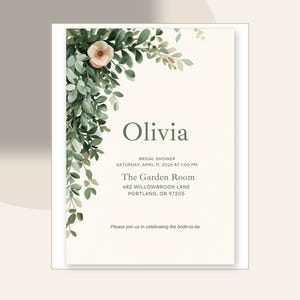 Invito per addio al nubilato color verde salvia / Modello Canva modificabile / Invito con decorazioni di eucalipto / Download immediato immagine 1