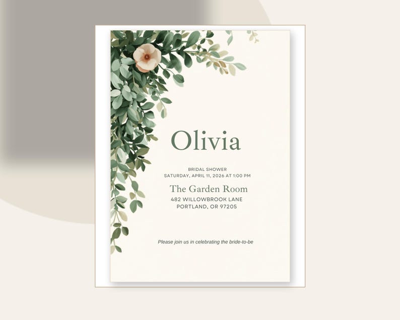 Invito per addio al nubilato color verde salvia / Modello Canva modificabile / Invito con decorazioni di eucalipto / Download immediato immagine 1