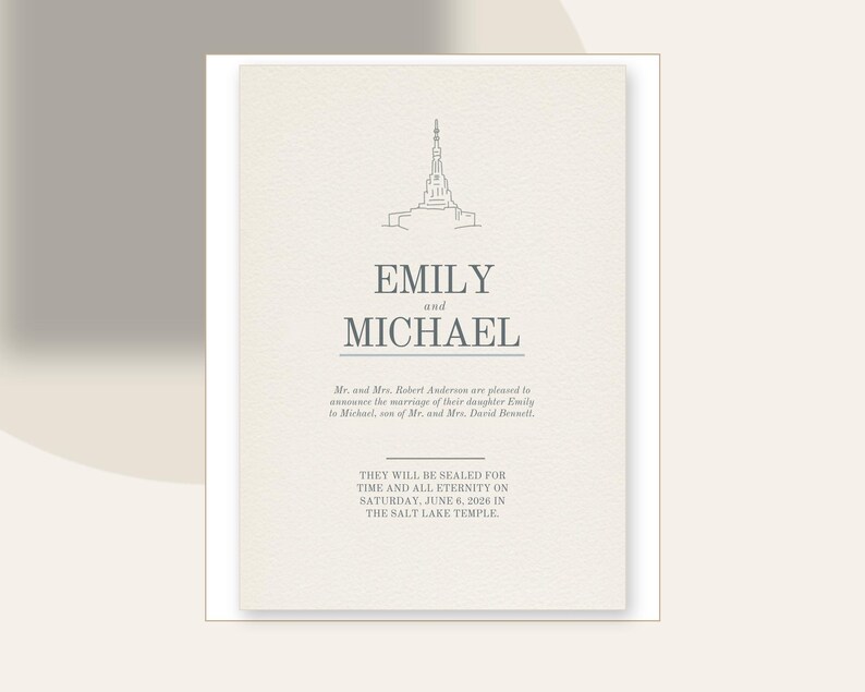 Modèle d'annonce de scellement au temple | Invitation de mariage mormone modifiable | Design ivoire imprimé en typographie | Téléchargement instantané image 1