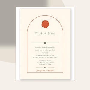 Convite de casamento em terracota | Convite de casamento em arco editável | Design de azeitona com selo de cera | Download instantâneo imagem 1