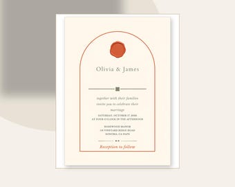 Invito di nozze in terracotta / Invito di nozze ad arco modificabile / Design con sigillo di cera e olive / Download immediato