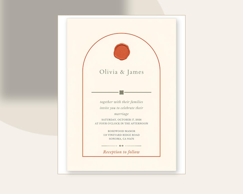 Convite de casamento em terracota | Convite de casamento em arco editável | Design de azeitona com selo de cera | Download instantâneo imagem 1