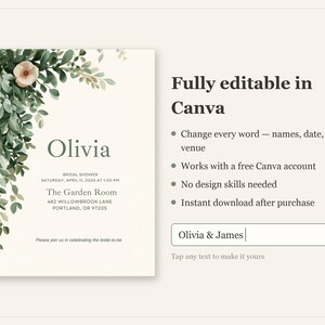 Invito per addio al nubilato color verde salvia / Modello Canva modificabile / Invito con decorazioni di eucalipto / Download immediato immagine 3
