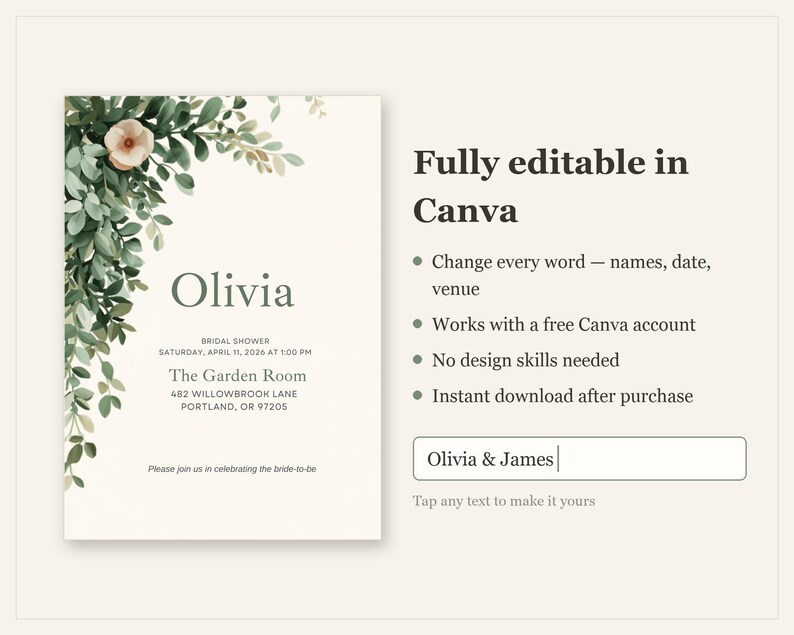 Invito per addio al nubilato color verde salvia / Modello Canva modificabile / Invito con decorazioni di eucalipto / Download immediato immagine 3