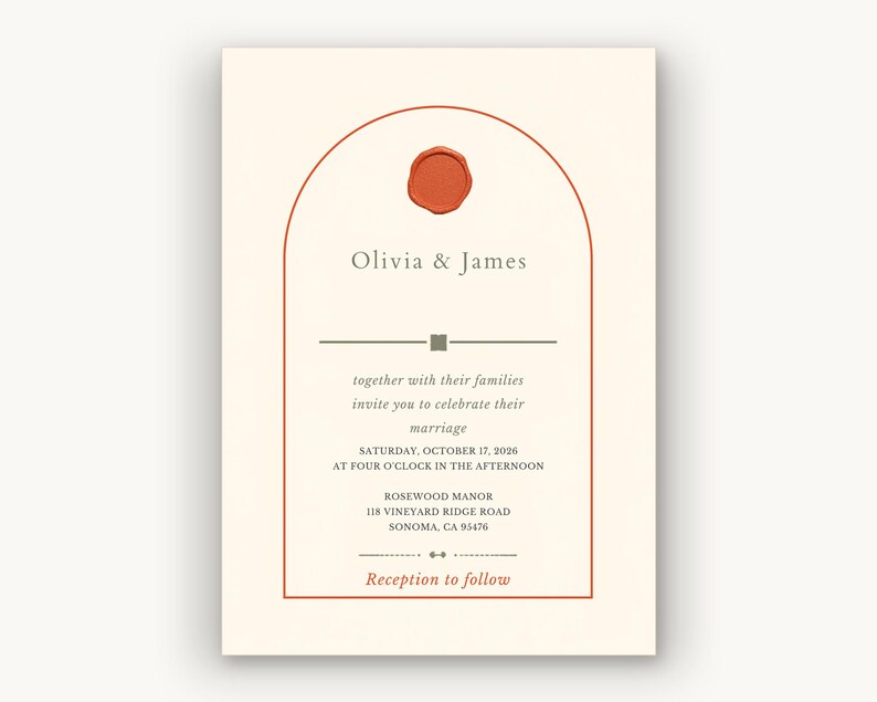 Convite de casamento em terracota | Convite de casamento em arco editável | Design de azeitona com selo de cera | Download instantâneo imagem 2