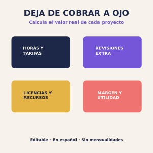 Może przedstawiać: Cyfrowa grafika z tekstem DEJA DE COBRAR A OJO oraz Calcula el valor real de cada proyecto. Zawiera cztery kolorowe prostokąty z etykietami HORAS Y TARIFAS, REVISIONES EXTRA, LICENCIAS Y RECURSOS oraz MARGEN Y UTILIDAD, wraz z tekstem w stopce.