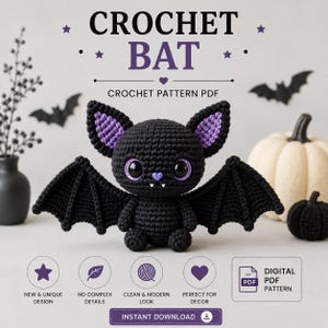 Può includere: Un modello di pipistrello all'uncinetto in PDF che mostra un pipistrello nero con orecchie interne viola, grandi occhi viola, un piccolo naso viola a forma di cuore e due zanne bianche. Il testo recita CROCHET BAT, CROCHET PATTERN PDF.